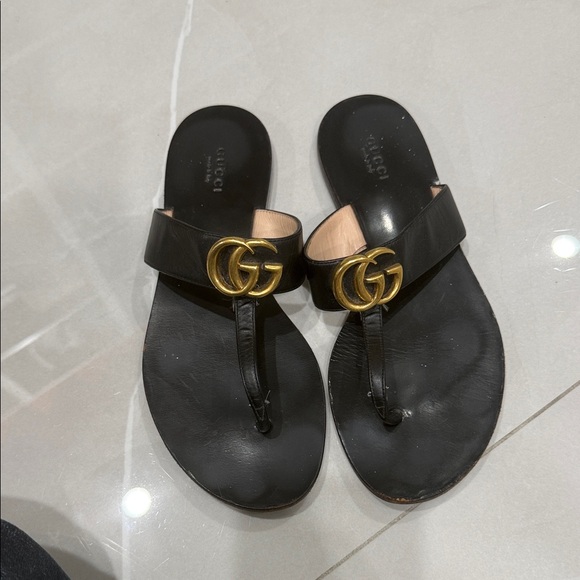 Gucci Shoes - Gucci Black Sandals with Gold Logo